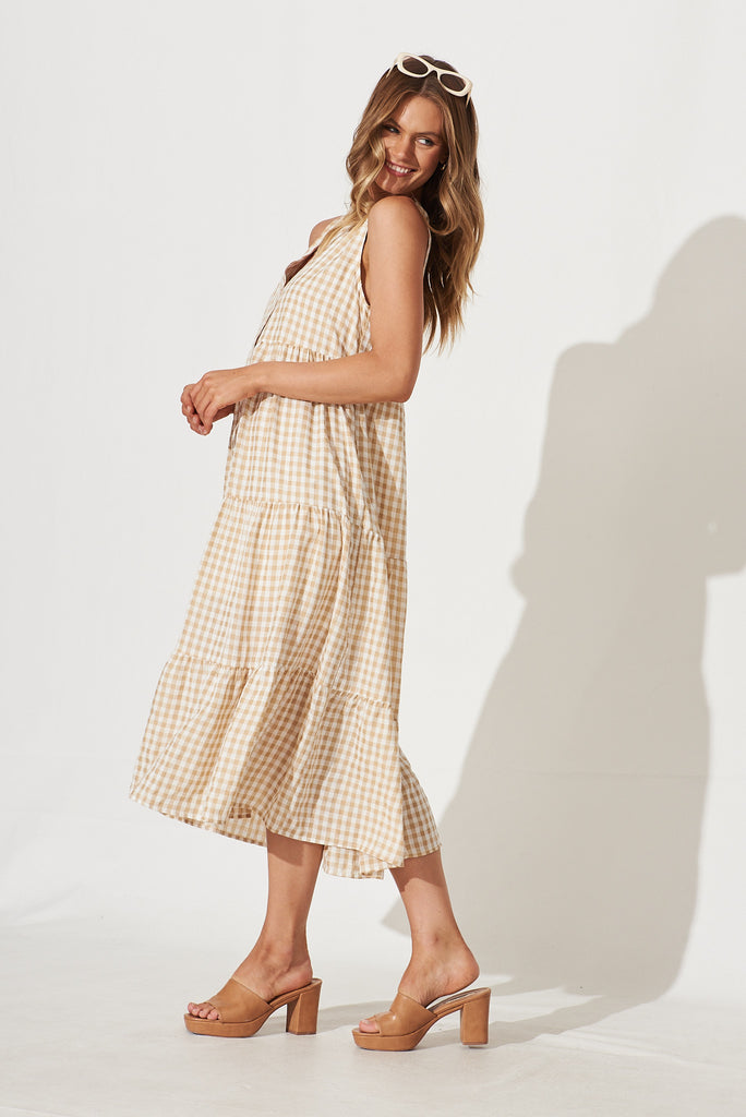 Jolly Midi Smock Dress In Beige Gingham Check Cotton Blend - side