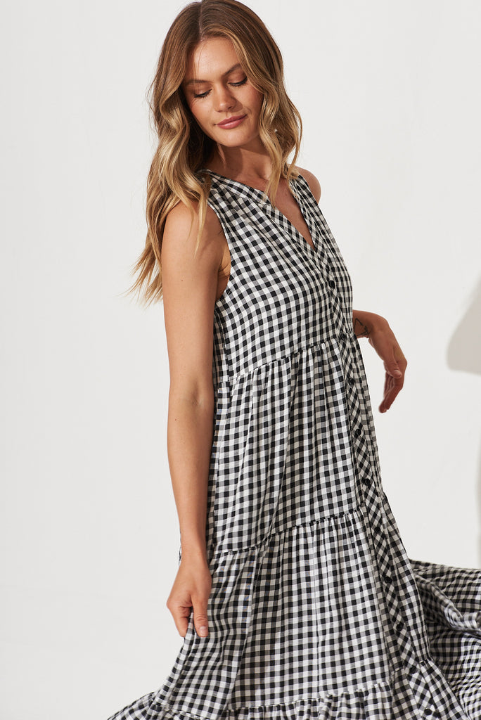 Jolly Midi Smock Dress In Black Gingham Check Cotton Blend - front