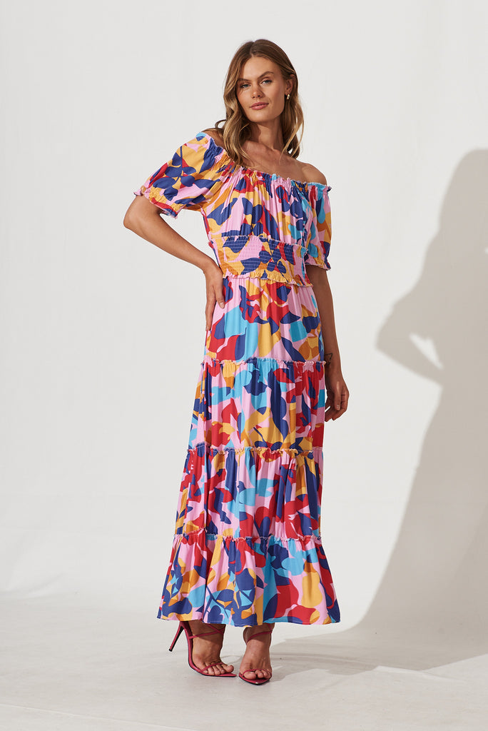 Justina Maxi Dress In Bright Multi Leaf Print - full length