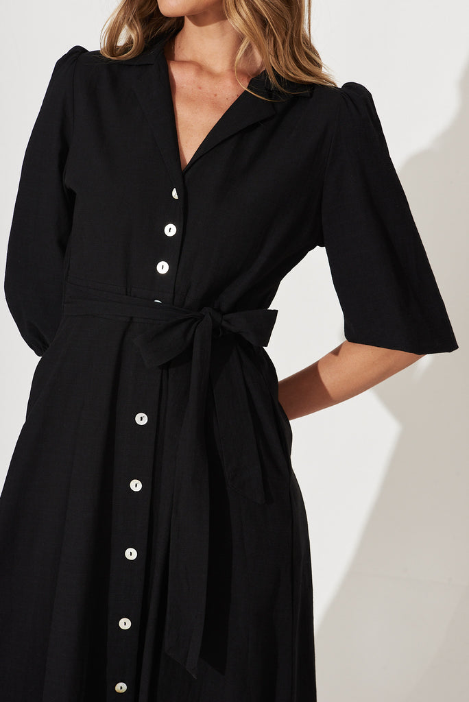 Minnie Midi Shirt Dress In Black Cotton - detail