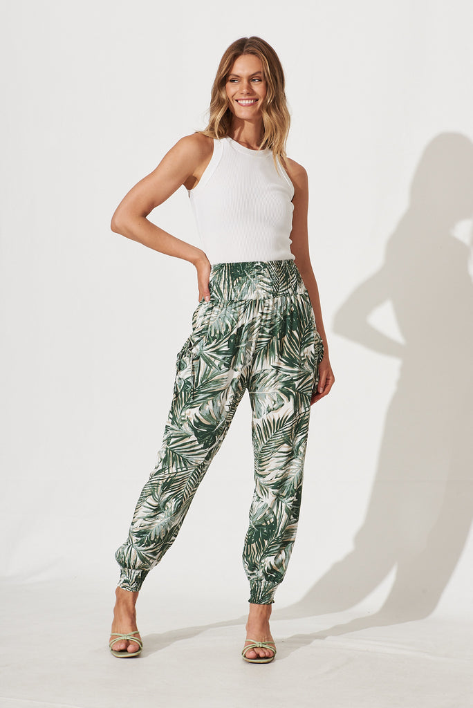 Gabby Lounge Pants In White With Green Leaf Print - full length