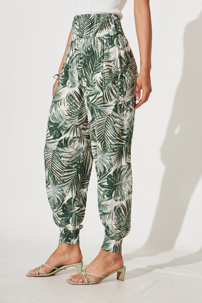 Gabby Lounge Pants In White With Green Leaf Print - side