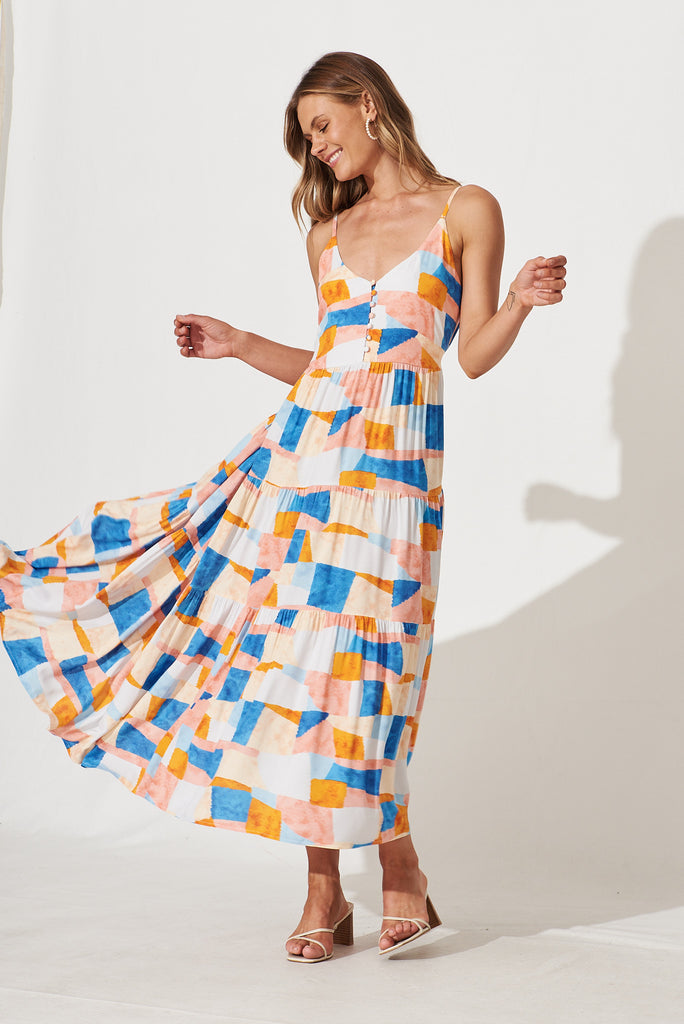 Malinda Maxi Sundress In Abstract Squares Print - full length