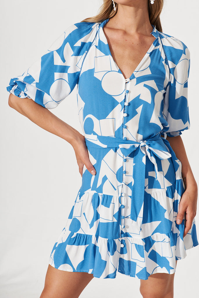 Love Ya Dress In Blue And White Geometric Print - detail