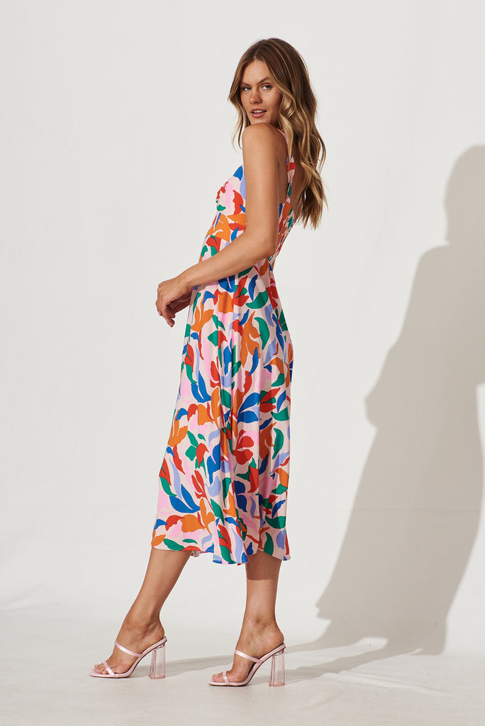 By The Sea Midi Dress In Pink With Bright Multi Leaf Print - side