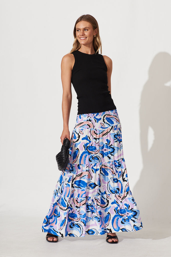 Macarena Maxi Skirt In White Multi Swirl Print - full length