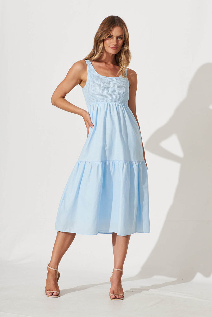Caribbean Midi Dress In Pale Blue Cotton Linen - full length