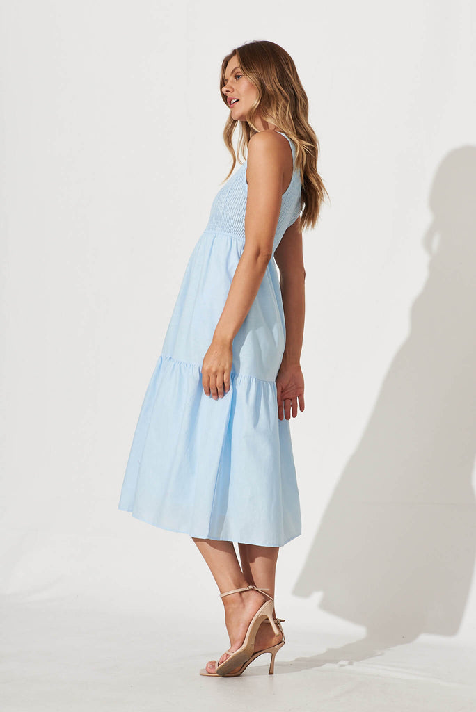 Caribbean Midi Dress In Pale Blue Cotton Linen - side