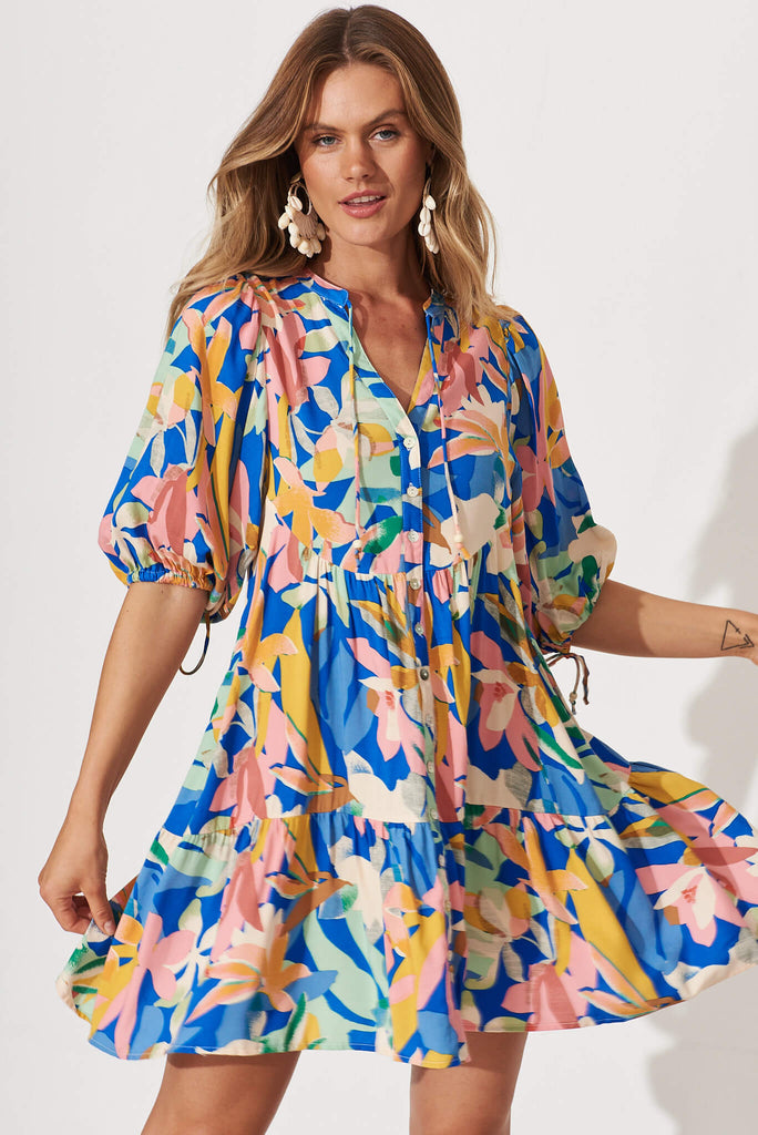Emelyn Smock Dress In Cobalt With Multi Floral - front