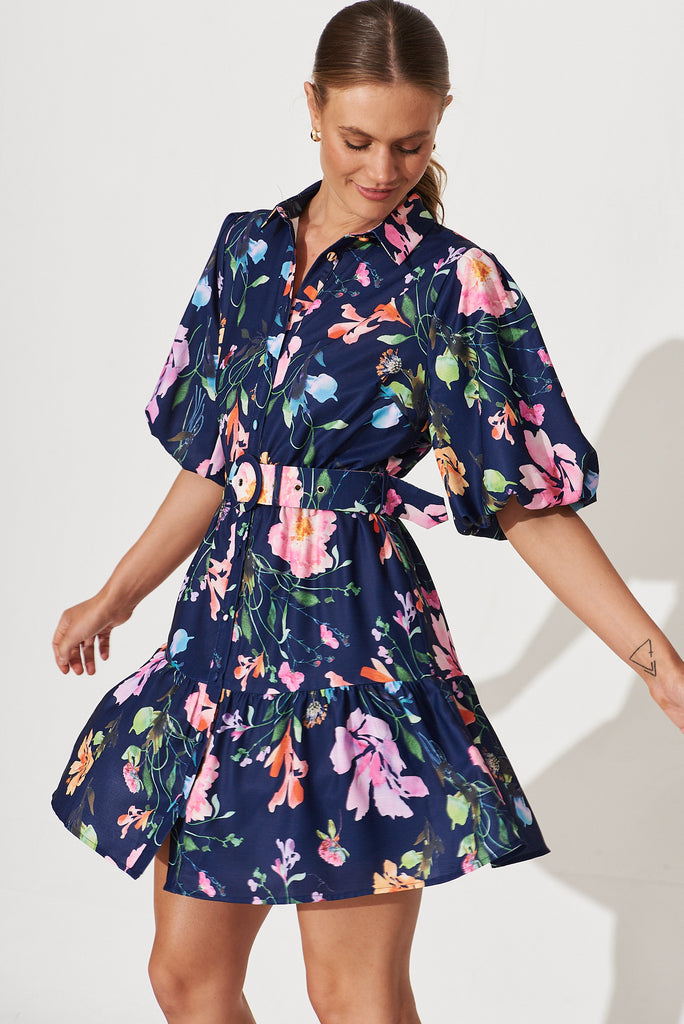 Courtney Shirt Dress In Navy With Multi Floral Print - front