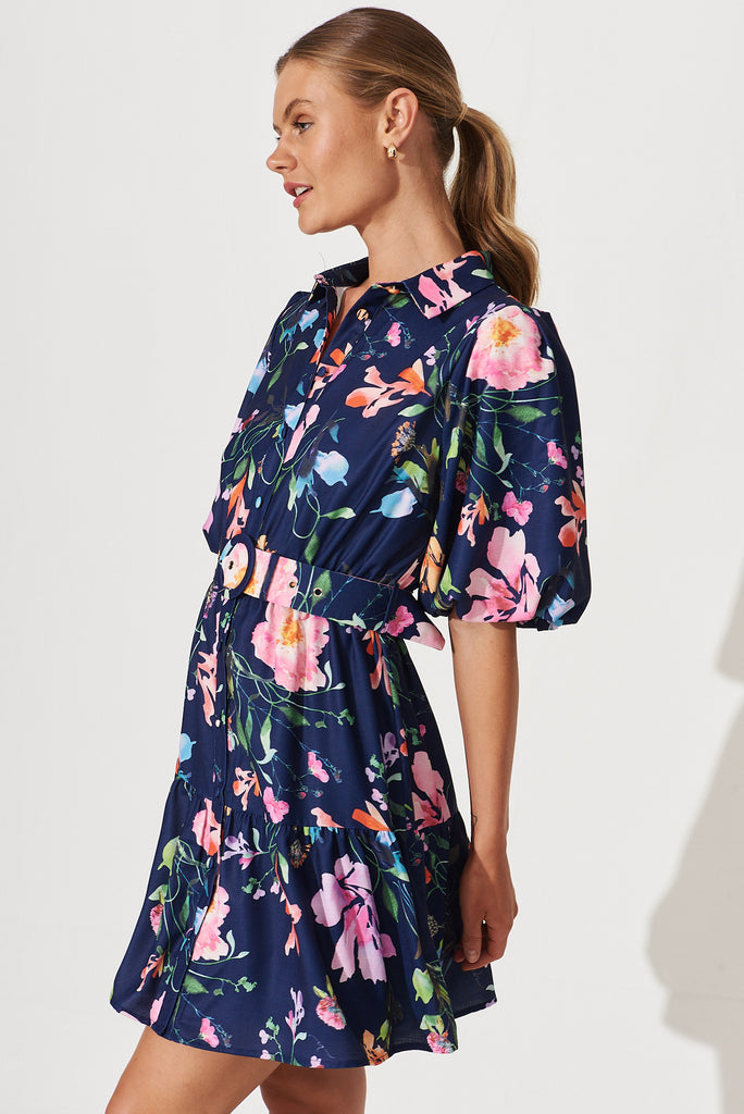 Courtney Shirt Dress In Navy With Multi Floral Print - side