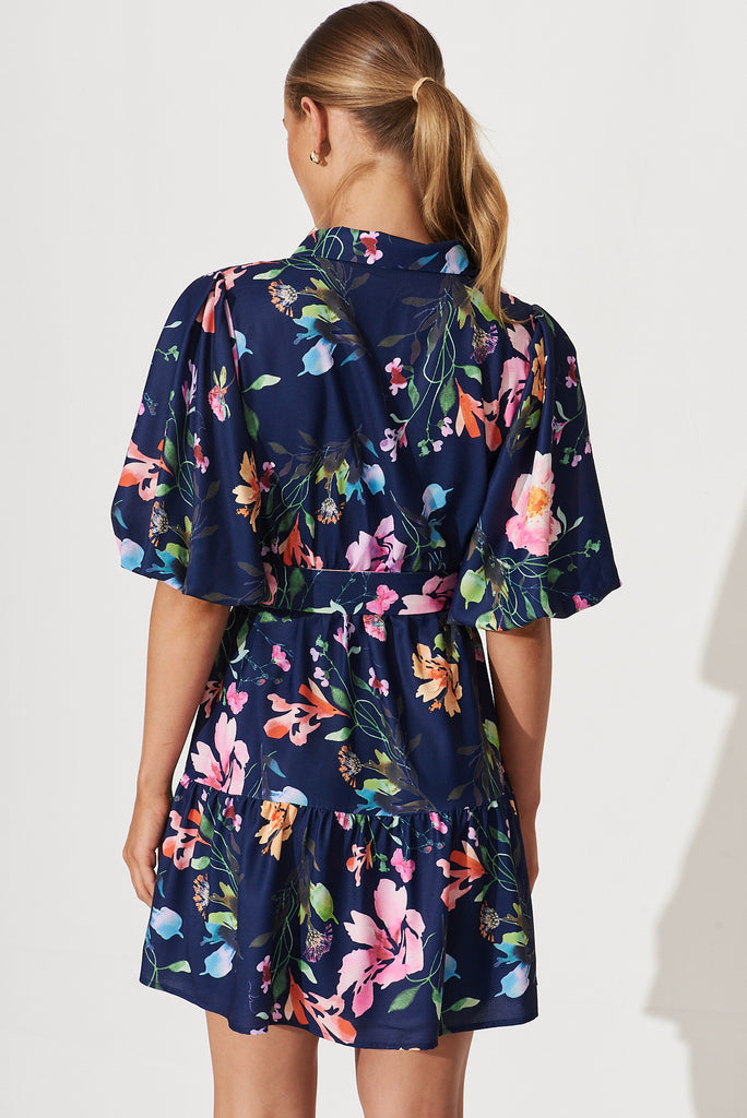 Courtney Shirt Dress In Navy With Multi Floral Print - back