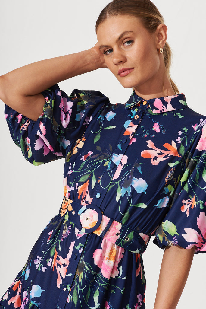 Courtney Shirt Dress In Navy With Multi Floral Print - detail