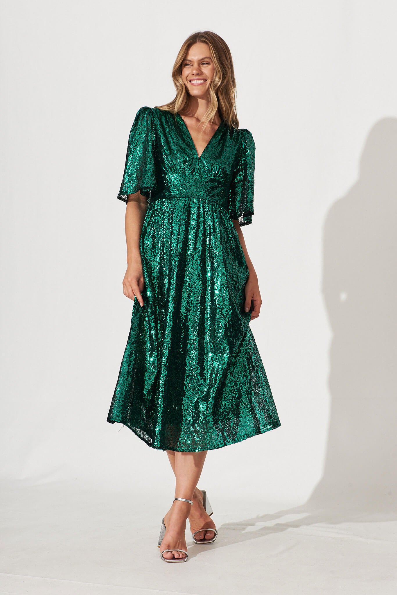 Livorno Midi Dress In Emerald Sequin - full length
