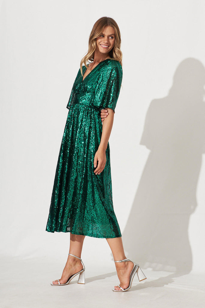 Livorno Midi Dress In Emerald Sequin - side