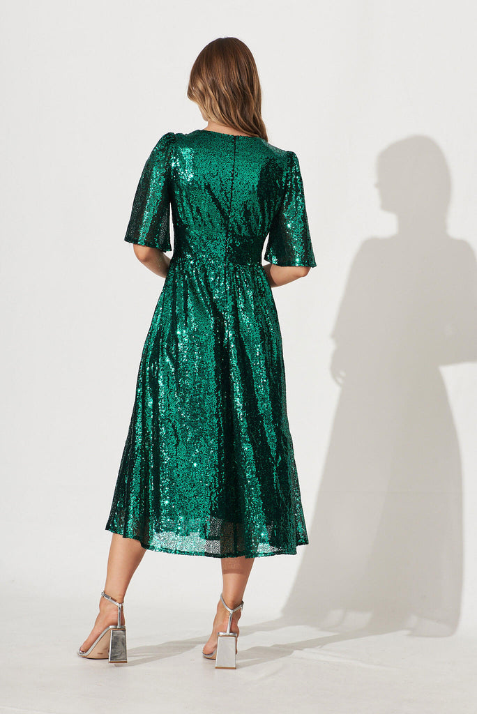 Livorno Midi Dress In Emerald Sequin - back