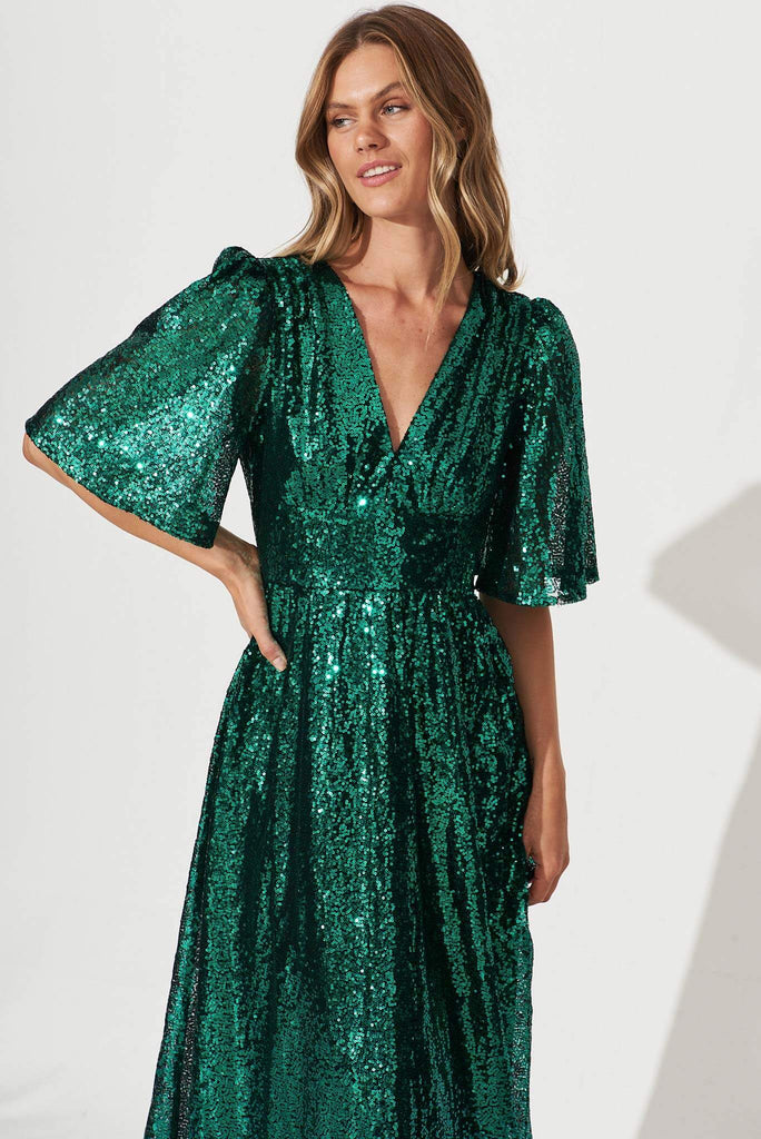 Livorno Midi Dress In Emerald Sequin - front