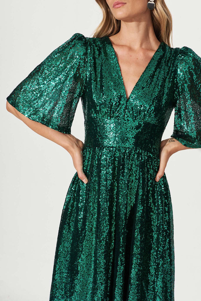 Livorno Midi Dress In Emerald Sequin - detail