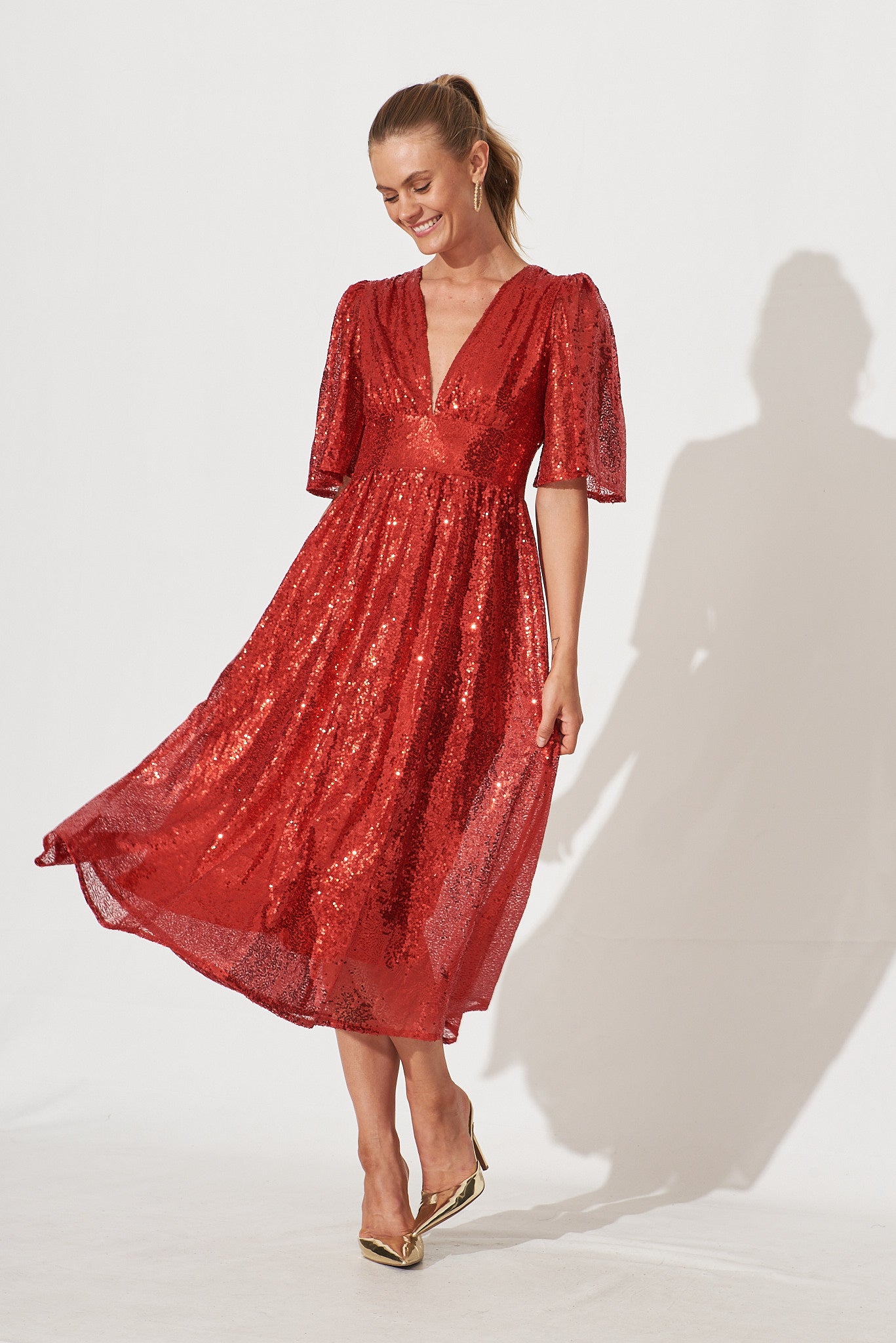 Livorno Midi Dress In Red Sequin - full length