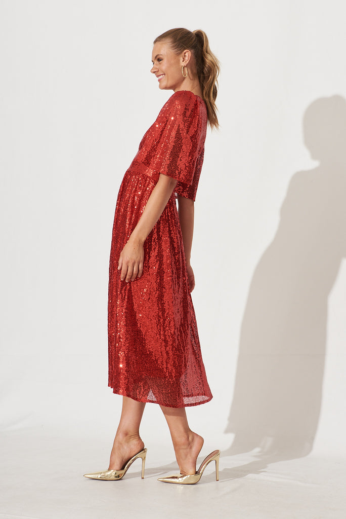 Livorno Midi Dress In Red Sequin - side