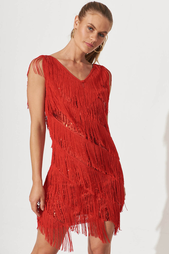 Jovie Dress In Red Fringe Sequin - detail