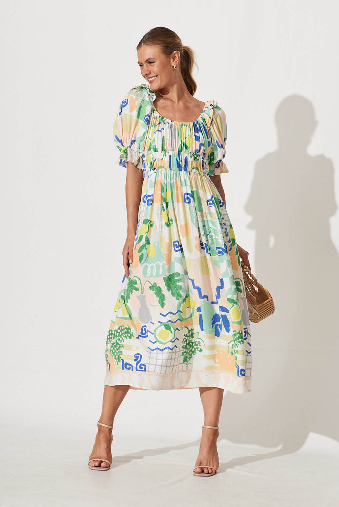 Truly Midi Dress In Multi Mediterranean Garden Print - full length