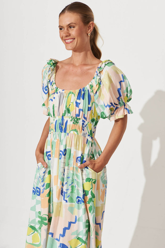 Truly Midi Dress In Multi Mediterranean Garden Print - front
