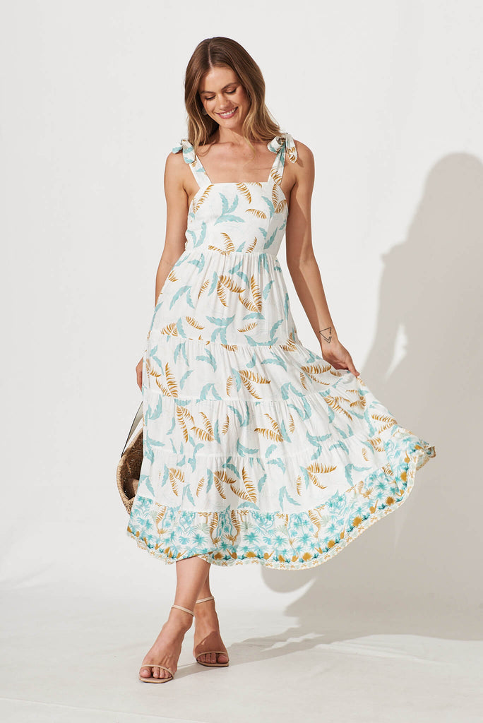 Sunshine Maxi Dress In White With Teal Leaf Print - full length