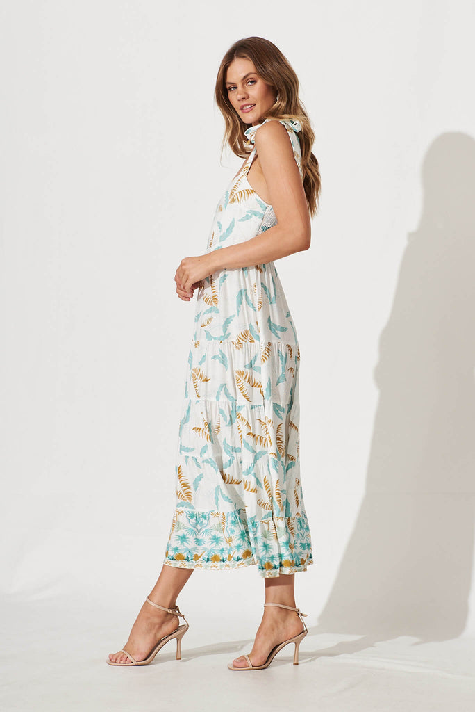 Sunshine Maxi Dress In White With Teal Leaf Print - side