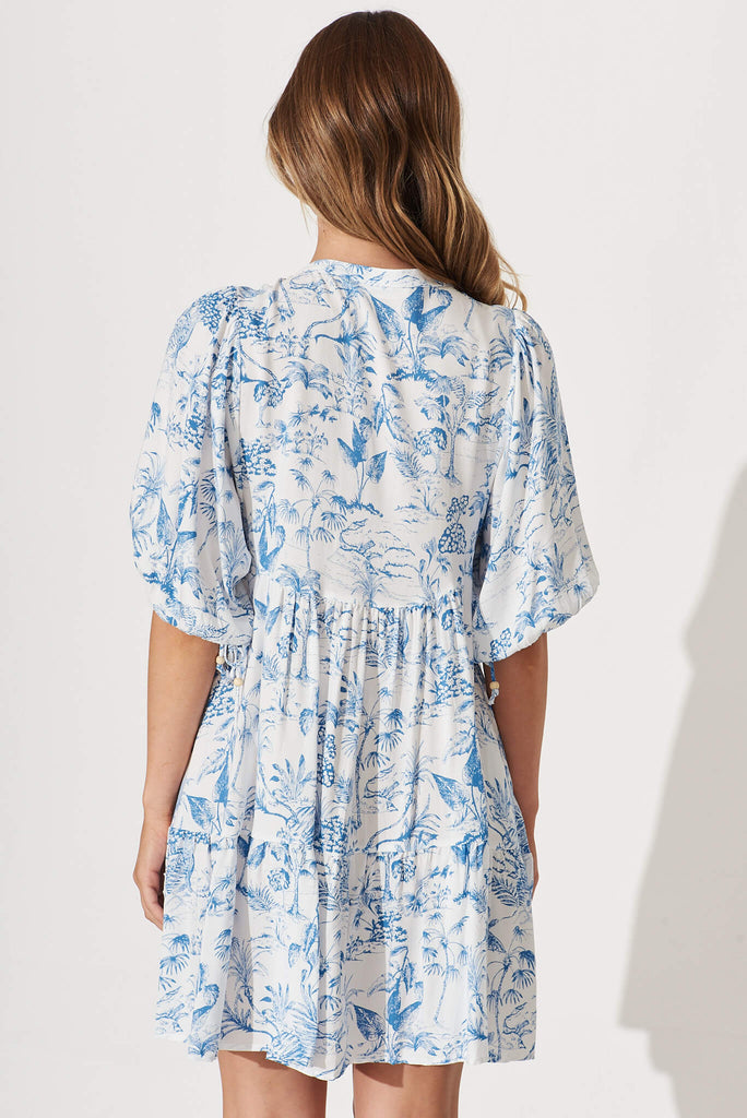 Emelyn Dress In White With Blue Palm Print - back
