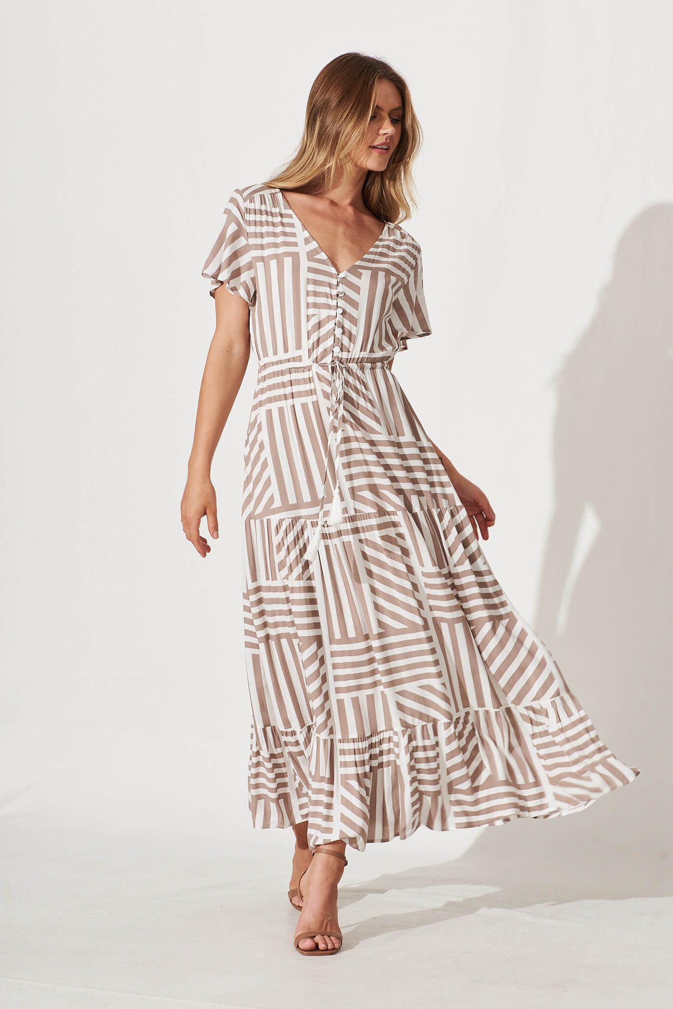 Yara Maxi Dress In Taupe And White Geo Print - full length