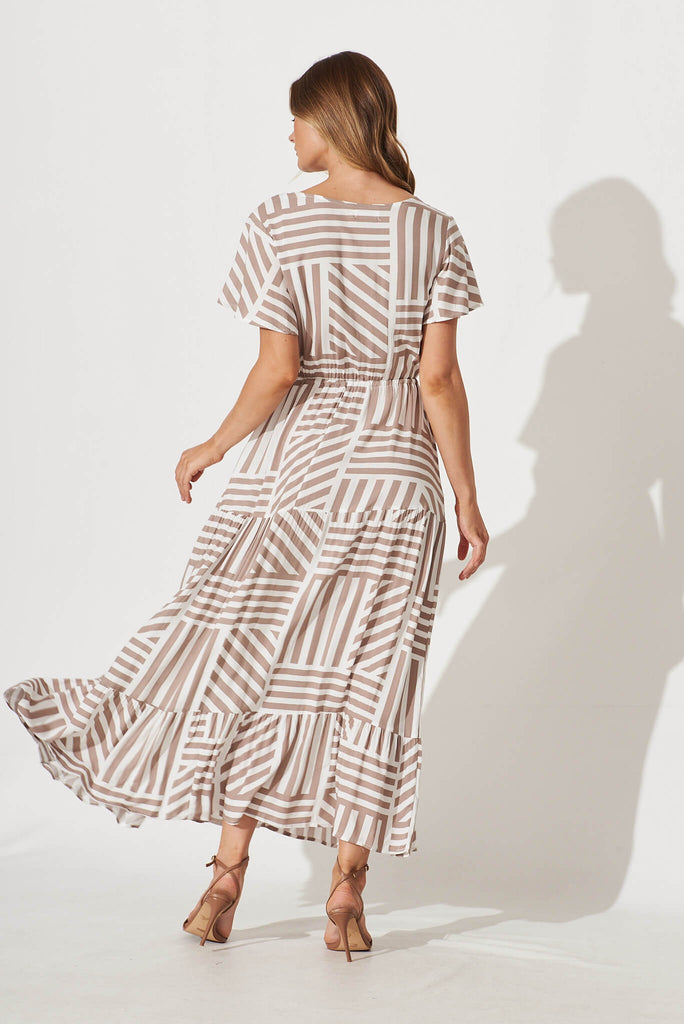 Yara Maxi Dress In Taupe And White Geo Print - back