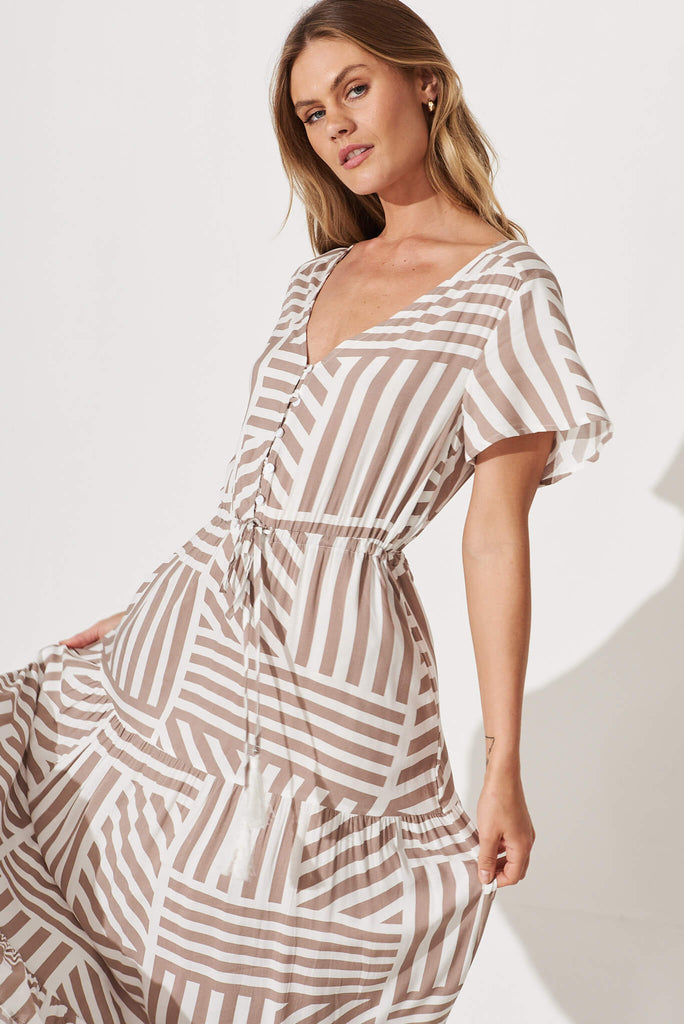 Yara Maxi Dress In Taupe And White Geo Print - front