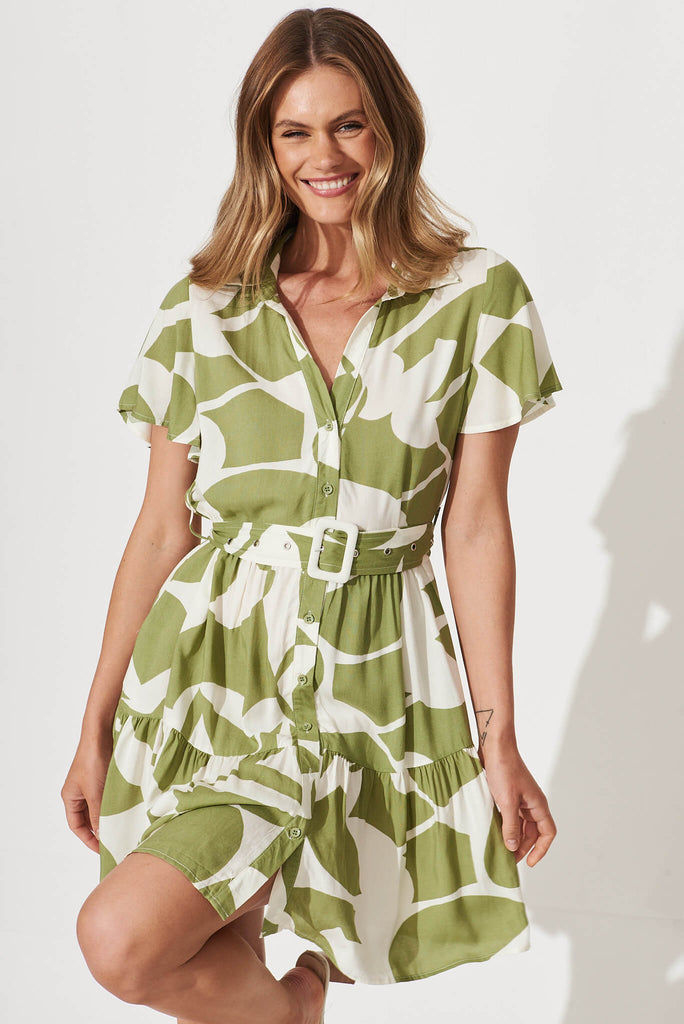 Notting Hill Shirt Dress In Olive And Cream Geometric Print - front