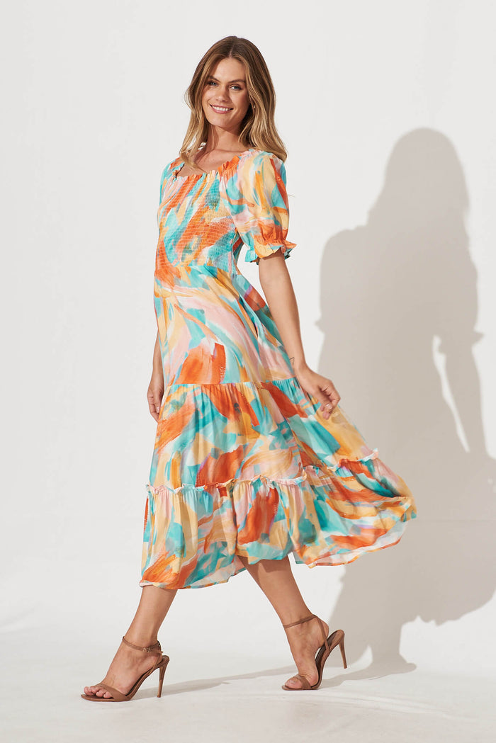 Hotel California Midi Dress In Orange And Blue Watercolour - side