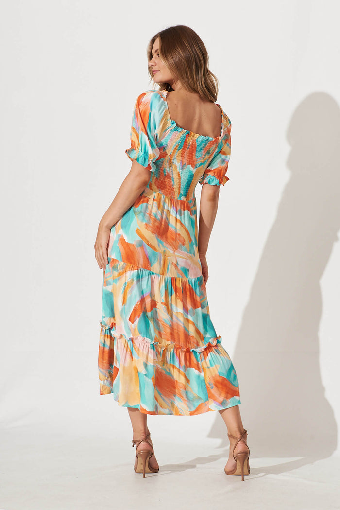 Hotel California Midi Dress In Orange And Blue Watercolour - back