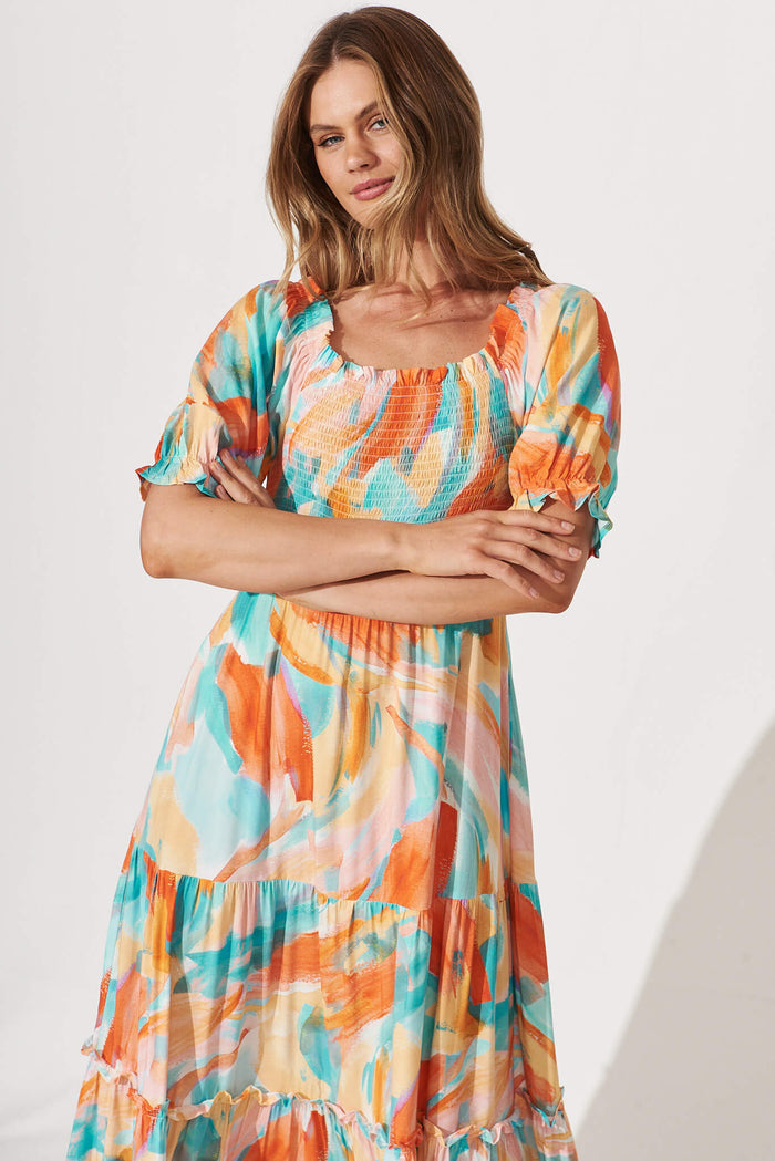 Hotel California Midi Dress In Orange And Blue Watercolour - front