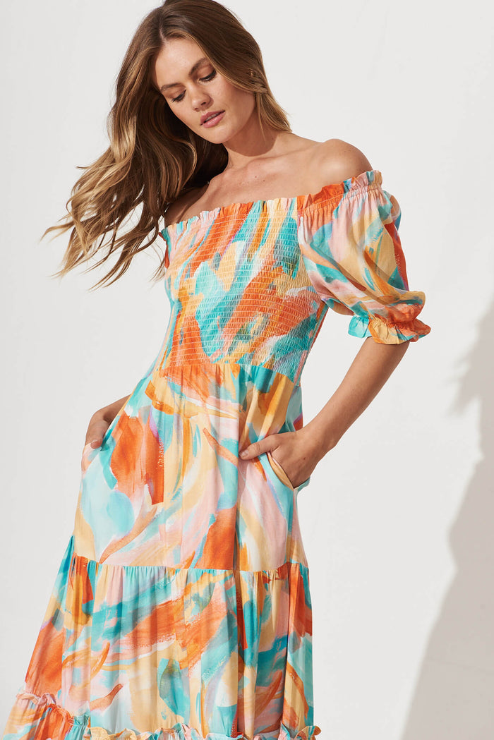 Hotel California Midi Dress In Orange And Blue Watercolour - detail