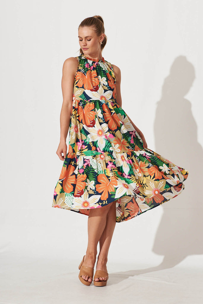 Abbotsford Midi Smock Dress In Multi Floral Cotton - full length