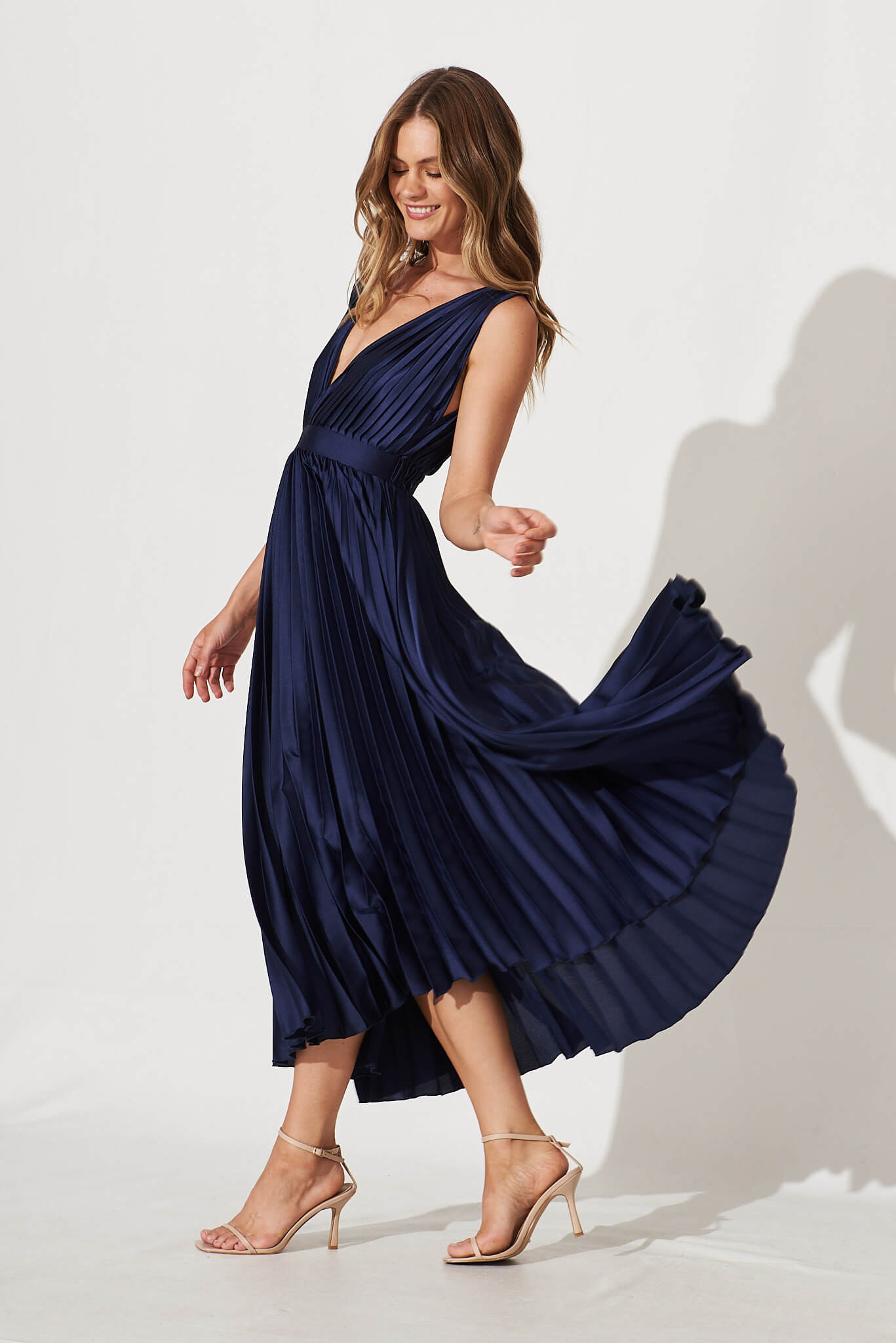 Anette Midi Dress In Pleated Navy Satin St Frock