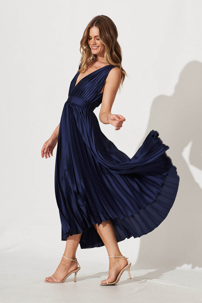 Anette Midi Dress In Pleated Navy Satin - side