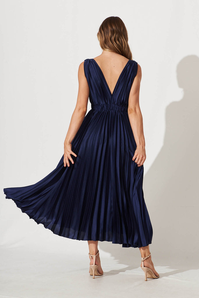Anette Midi Dress In Pleated Navy Satin - back