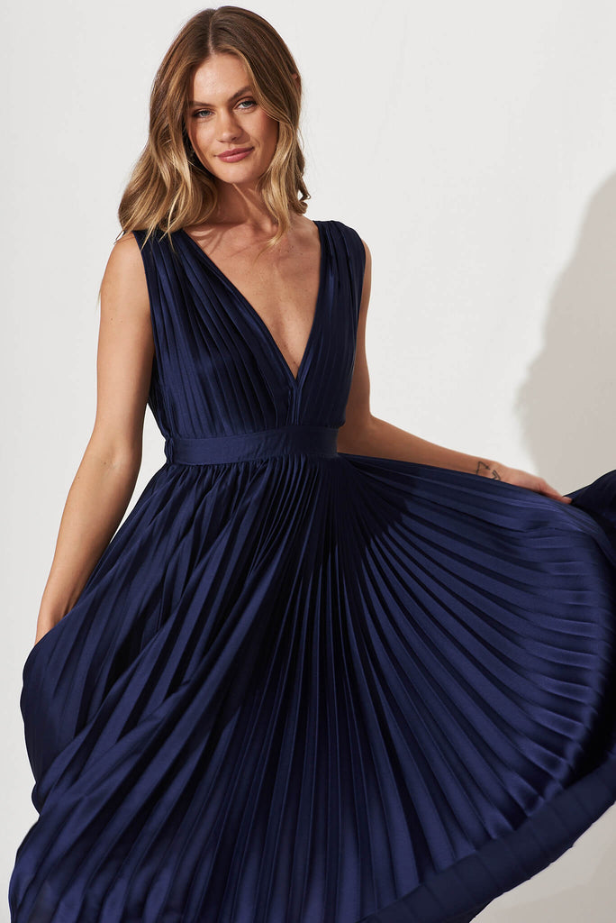 Anette Midi Dress In Pleated Navy Satin - front
