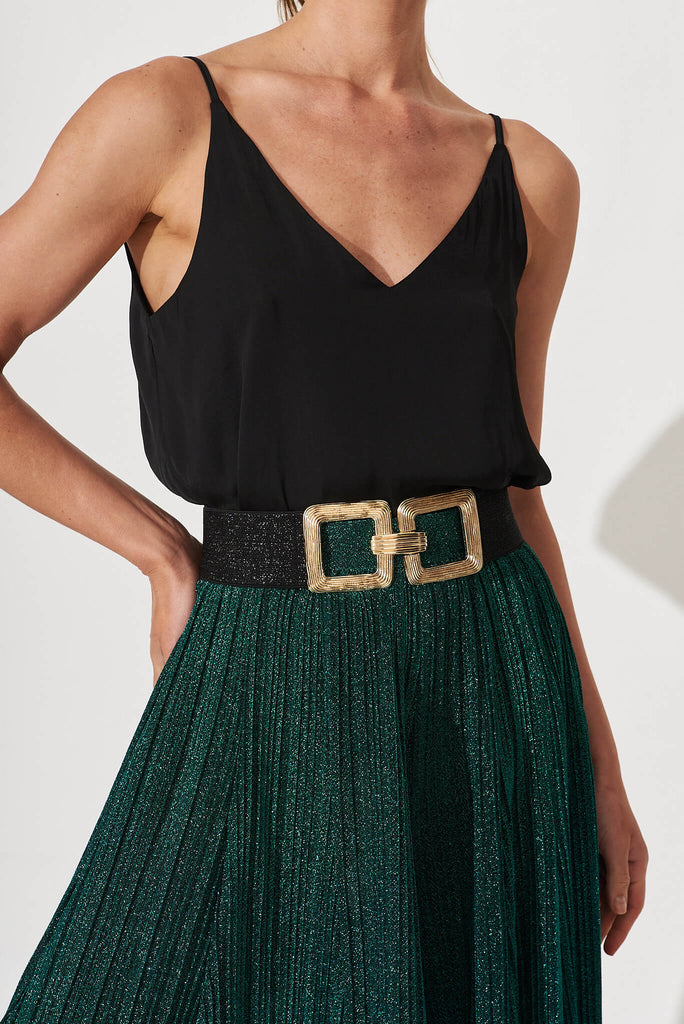 August + Delilah Marilyn Stretch Belt In Black With Gold Buckle - front