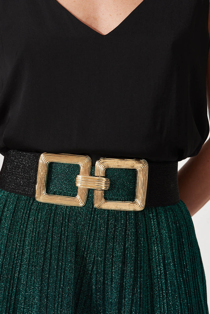 August + Delilah Marilyn Stretch Belt In Black With Gold Buckle - front detail