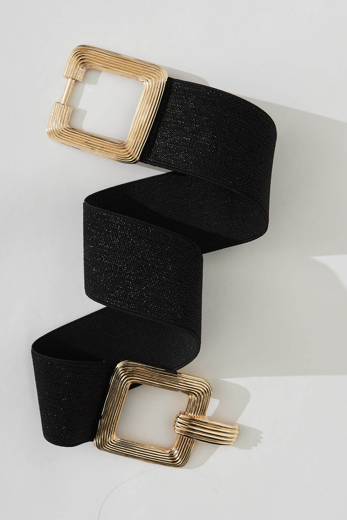 August + Delilah Marilyn Stretch Belt In Black With Gold Buckle - flatlay
