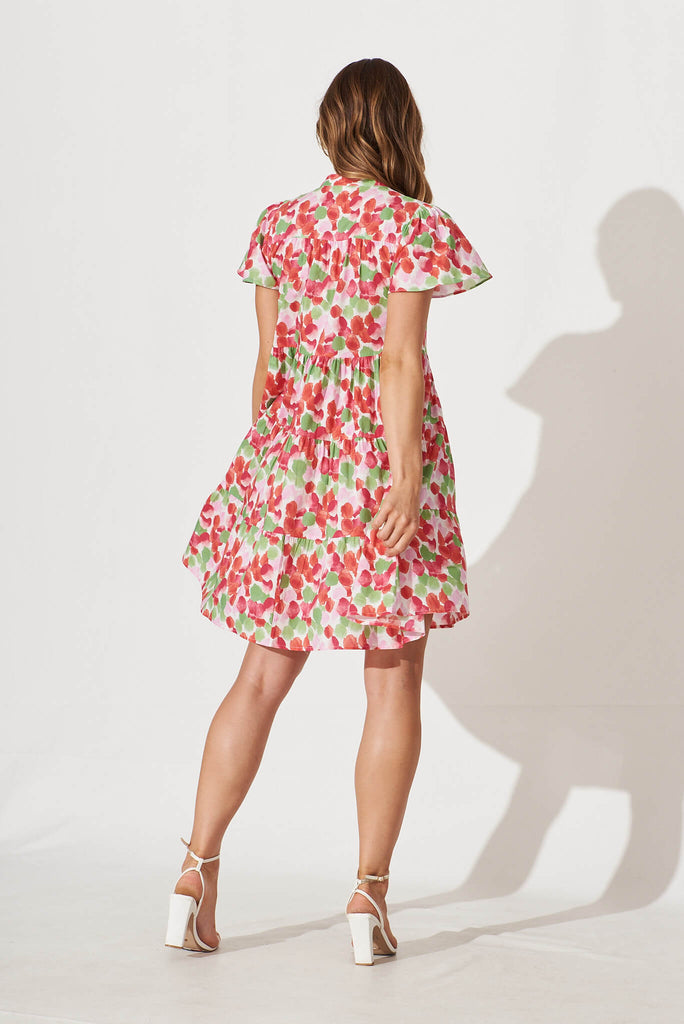 Saldana Smock Dress In Red With Green Print Cotton - back
