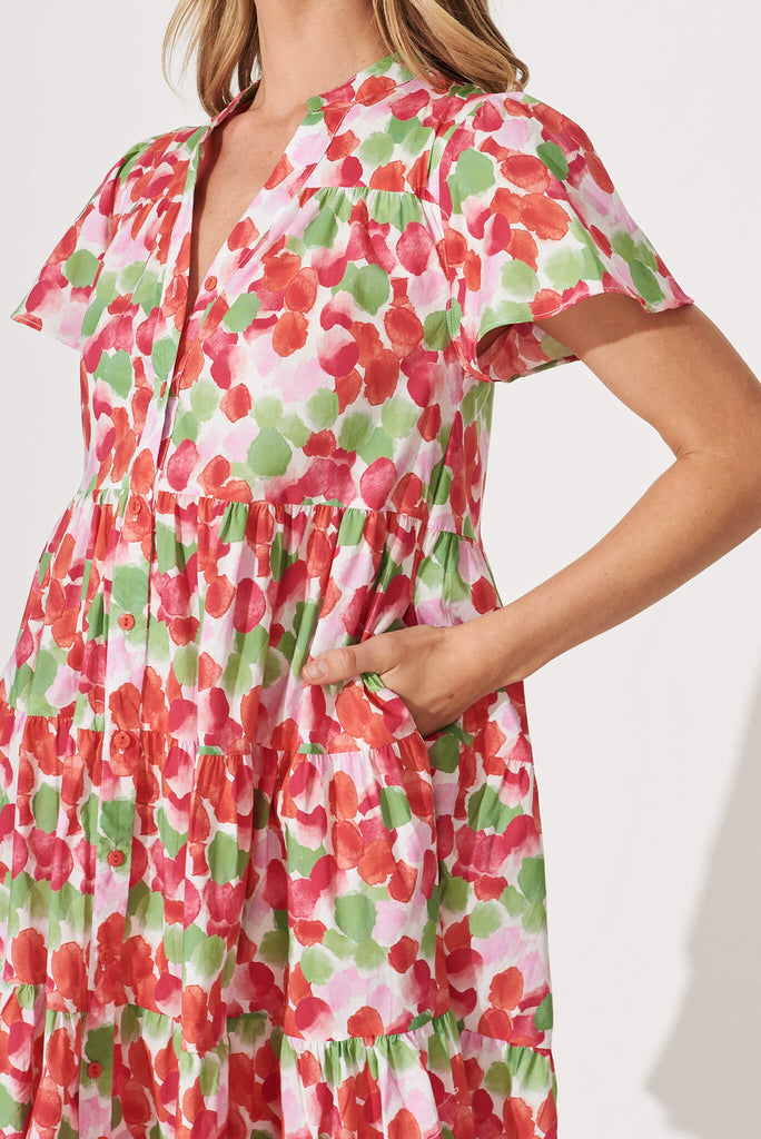 Saldana Smock Dress In Red With Green Print Cotton - detail
