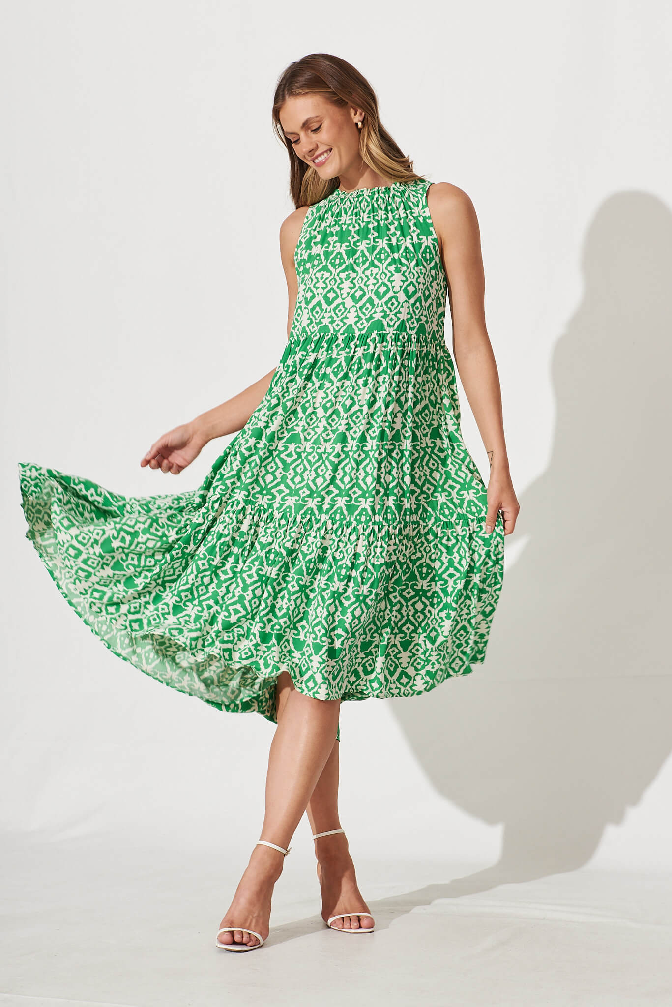 Abbotsford Midi Smock Dress In Green Geometric Print - full length