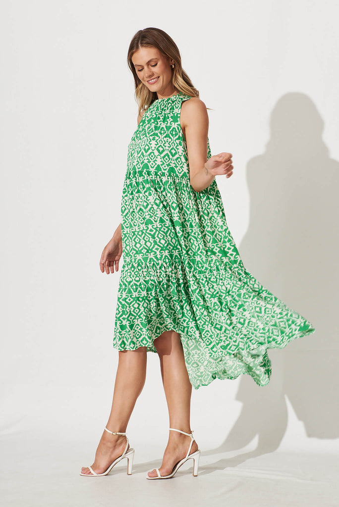 Abbotsford Midi Smock Dress In Green Geometric Print - side